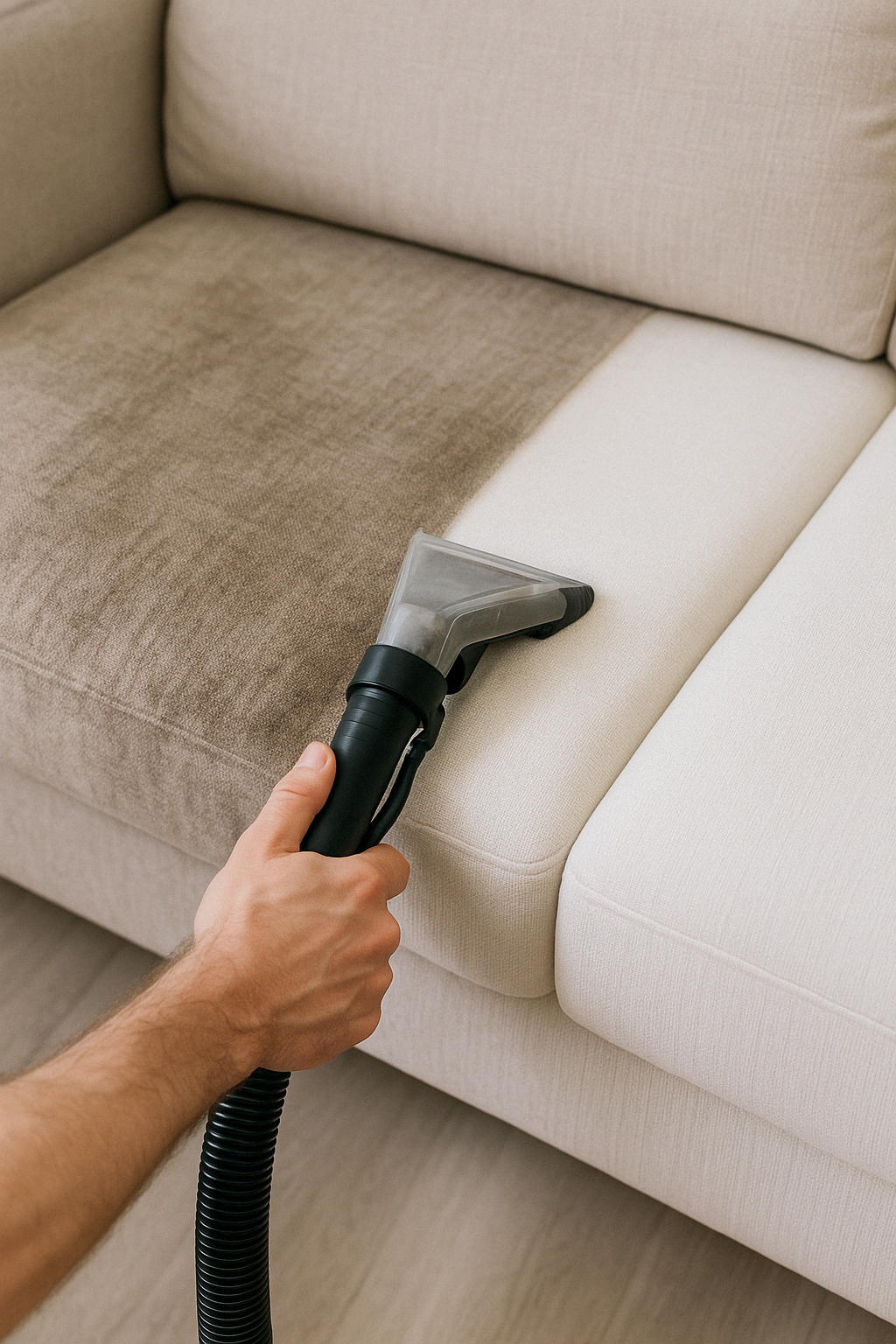 Man using a upholstery cleaning machine over a couch